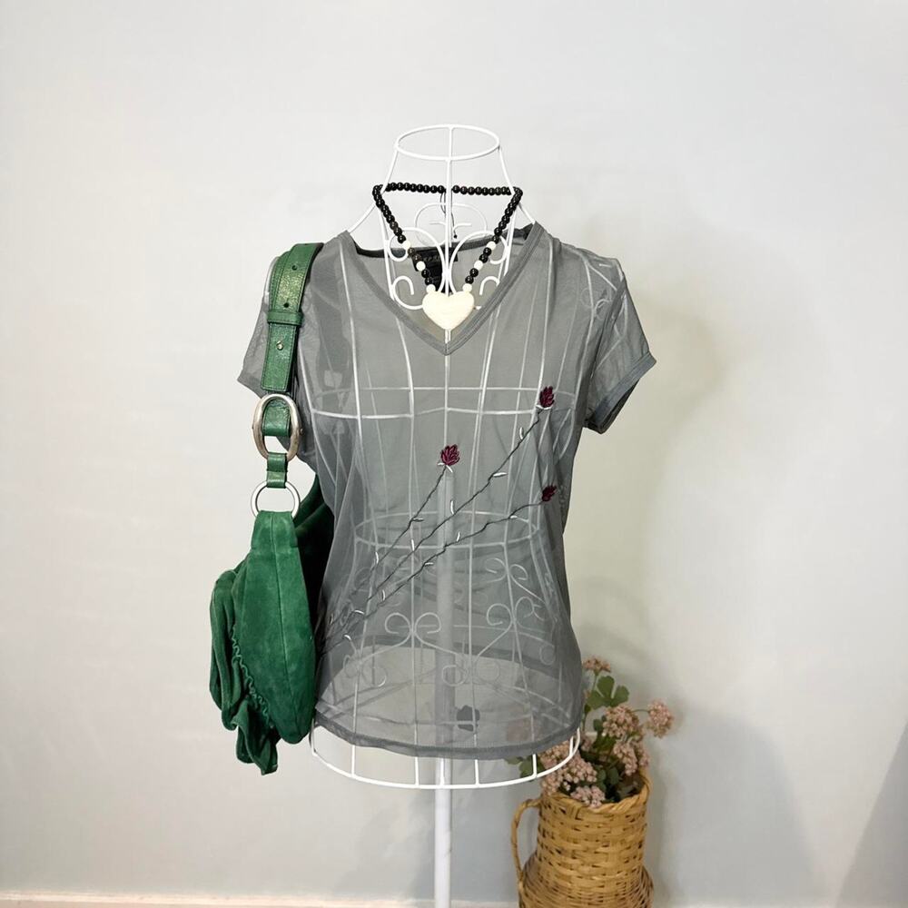 Gorgeous vintage y2k 90s express grey sheer mesh floral rose top
